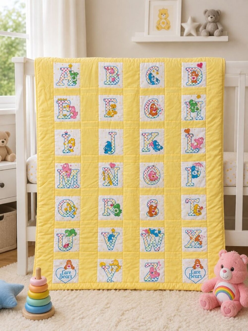 Care Bears Alphabet Quilt VINTAGE Yellow & White Baby Crib Nursery Blanket
